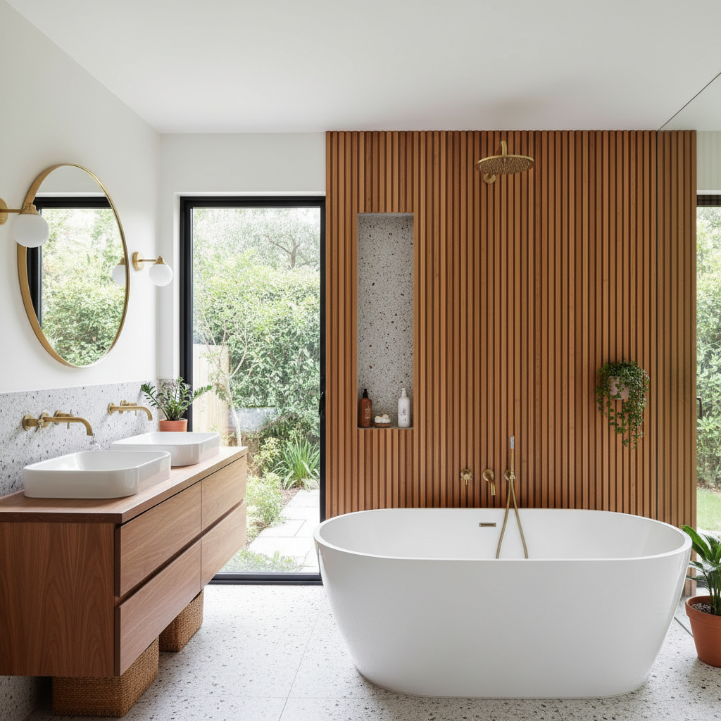 Image of a stylish mid-century modern bathroom showcasing clean lines and organic forms.
