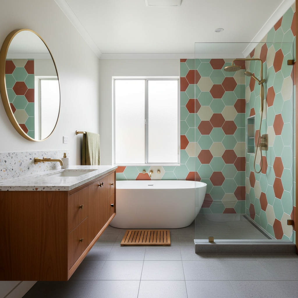 Image of mid-century modern fixtures and materials commonly found in bathrooms.