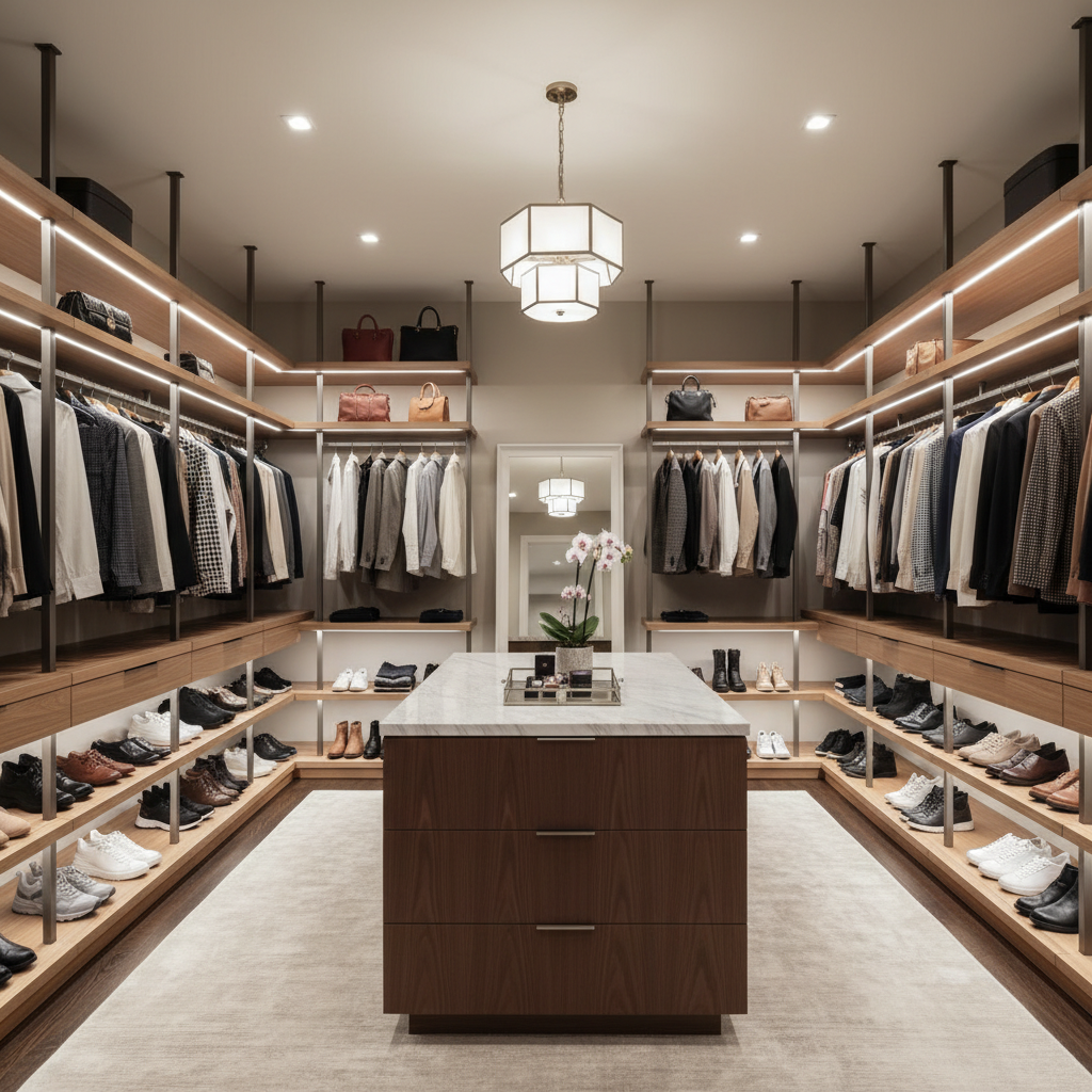 Transitional walk-in closet with modern shelves and soft lighting.