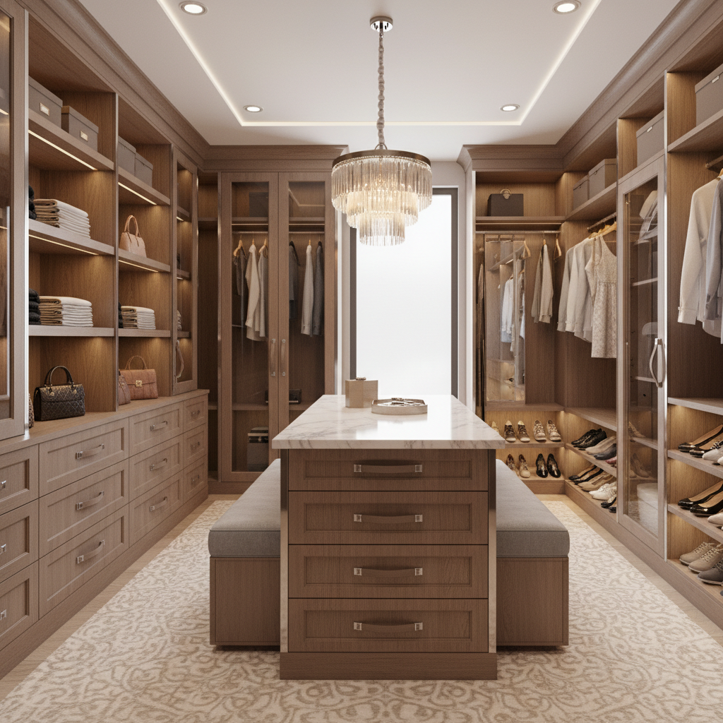 3D model of a transitional walk-in closet showcasing various storage solutions.