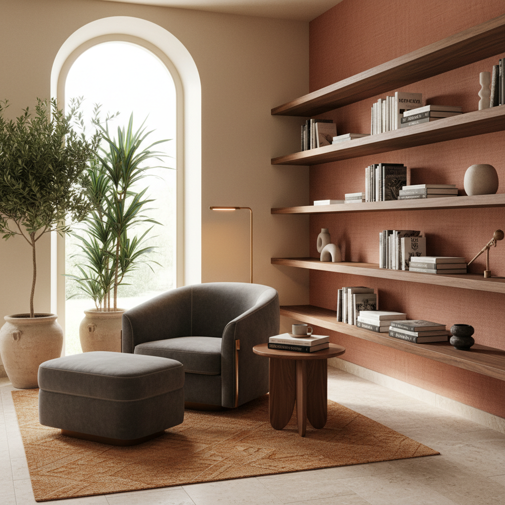 An Italian modern reading nook featuring sleek furniture, warm colors, and natural lighting.