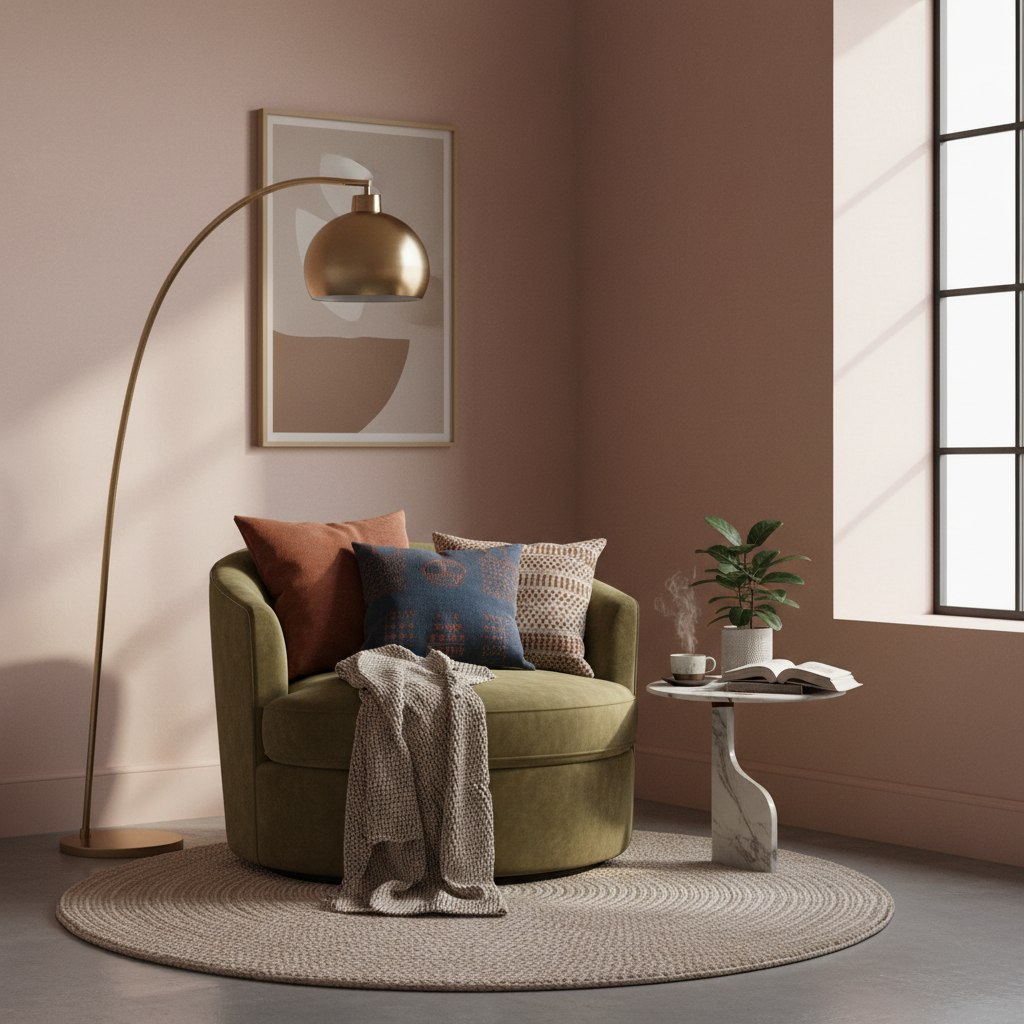 A stylish floor lamp and cozy cushions in an Italian modern reading nook design.
