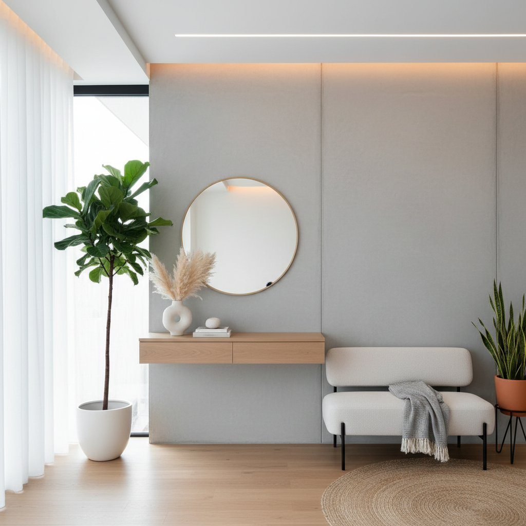 A beautifully decorated modern entryway with plants and minimalist furniture.