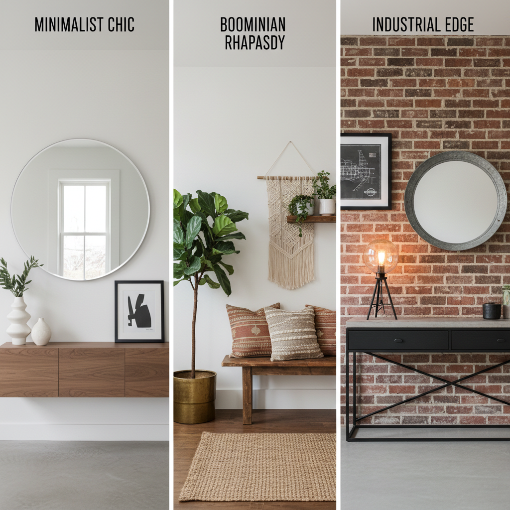 An AI-enhanced design layout for a modern entryway showing various decor styles.