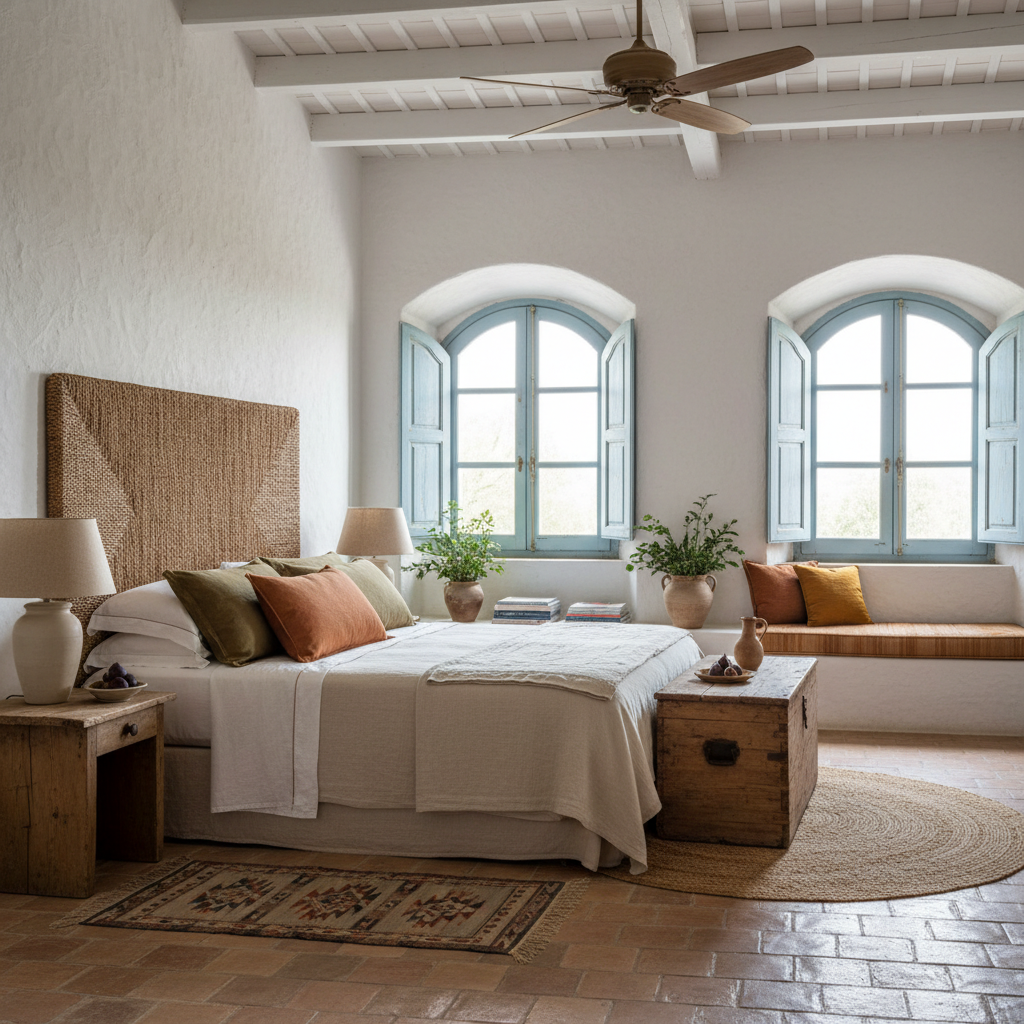 A serene Mediterranean bedroom showcasing warm colors and natural materials.