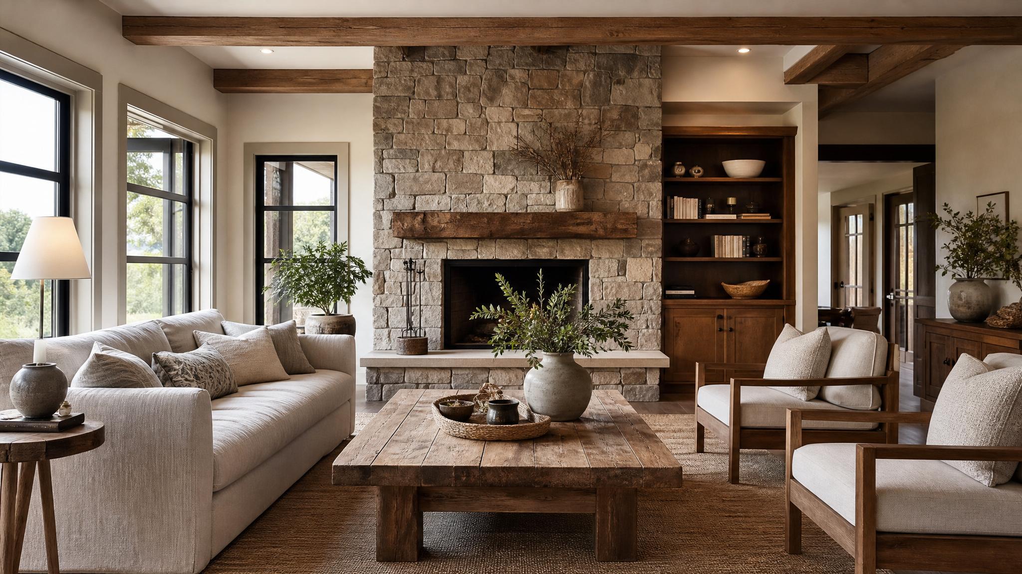 Photo of a rustic living room showcasing wooden furniture and neutral colors.
