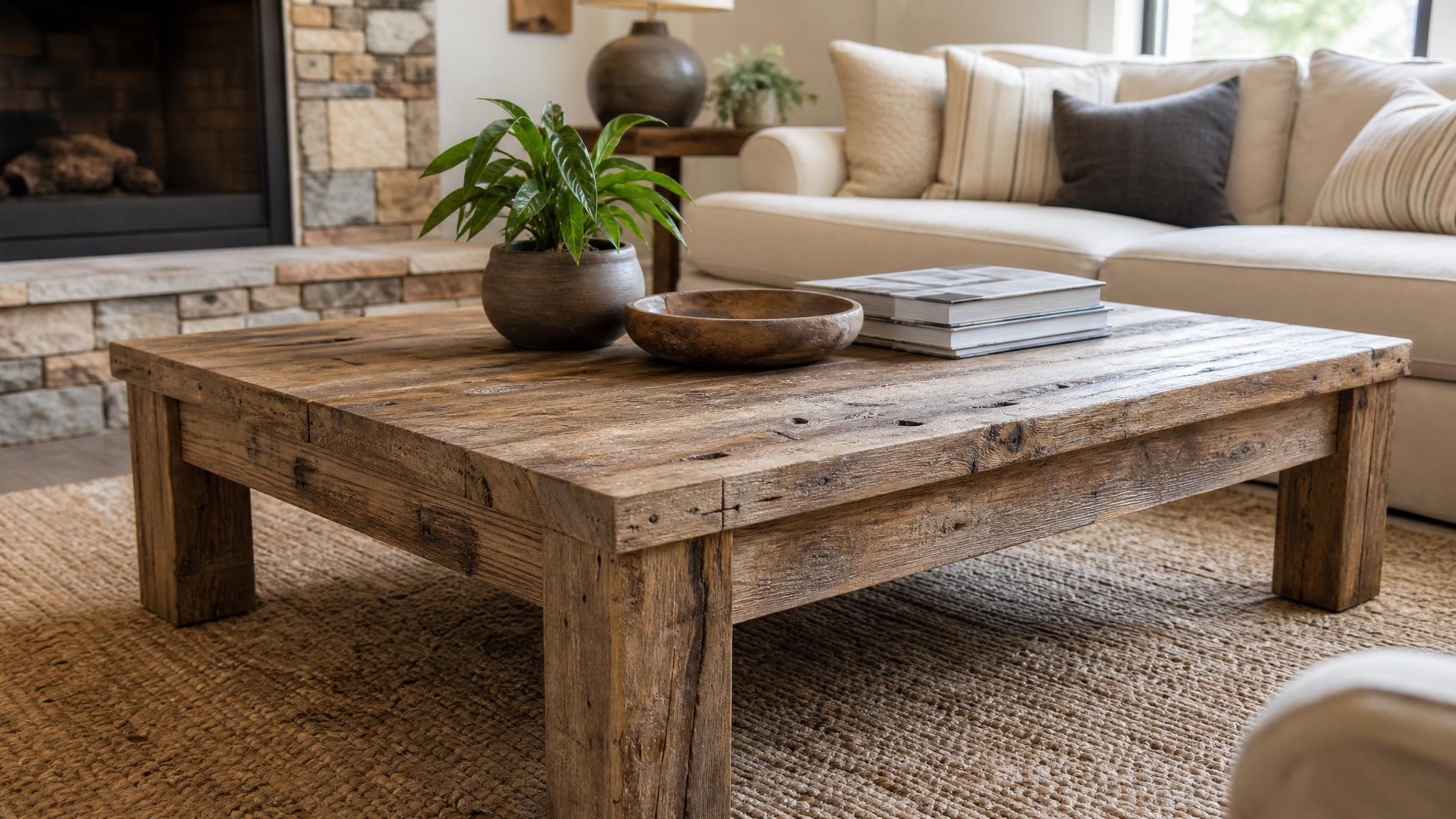 Image of a rustic coffee table made from reclaimed wood.