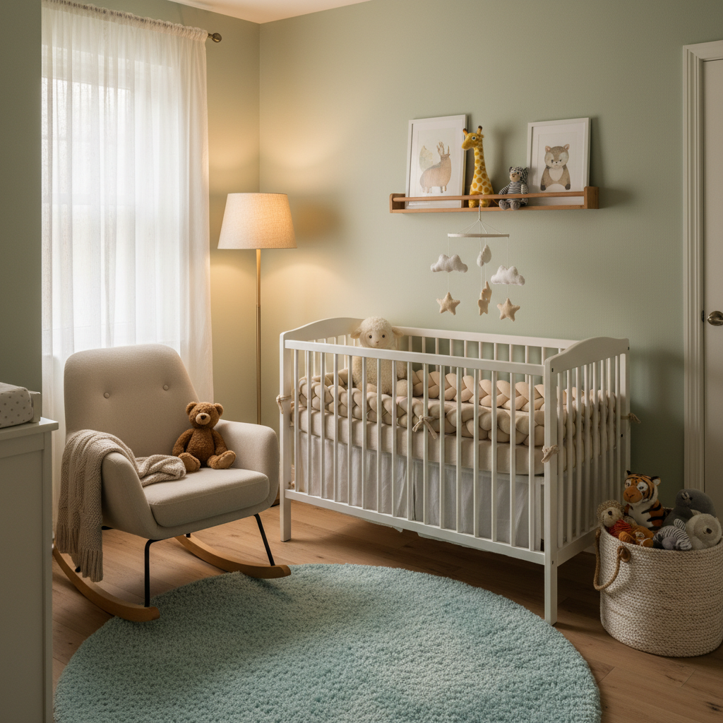 Cozy nursery with soft lighting and plush toys.