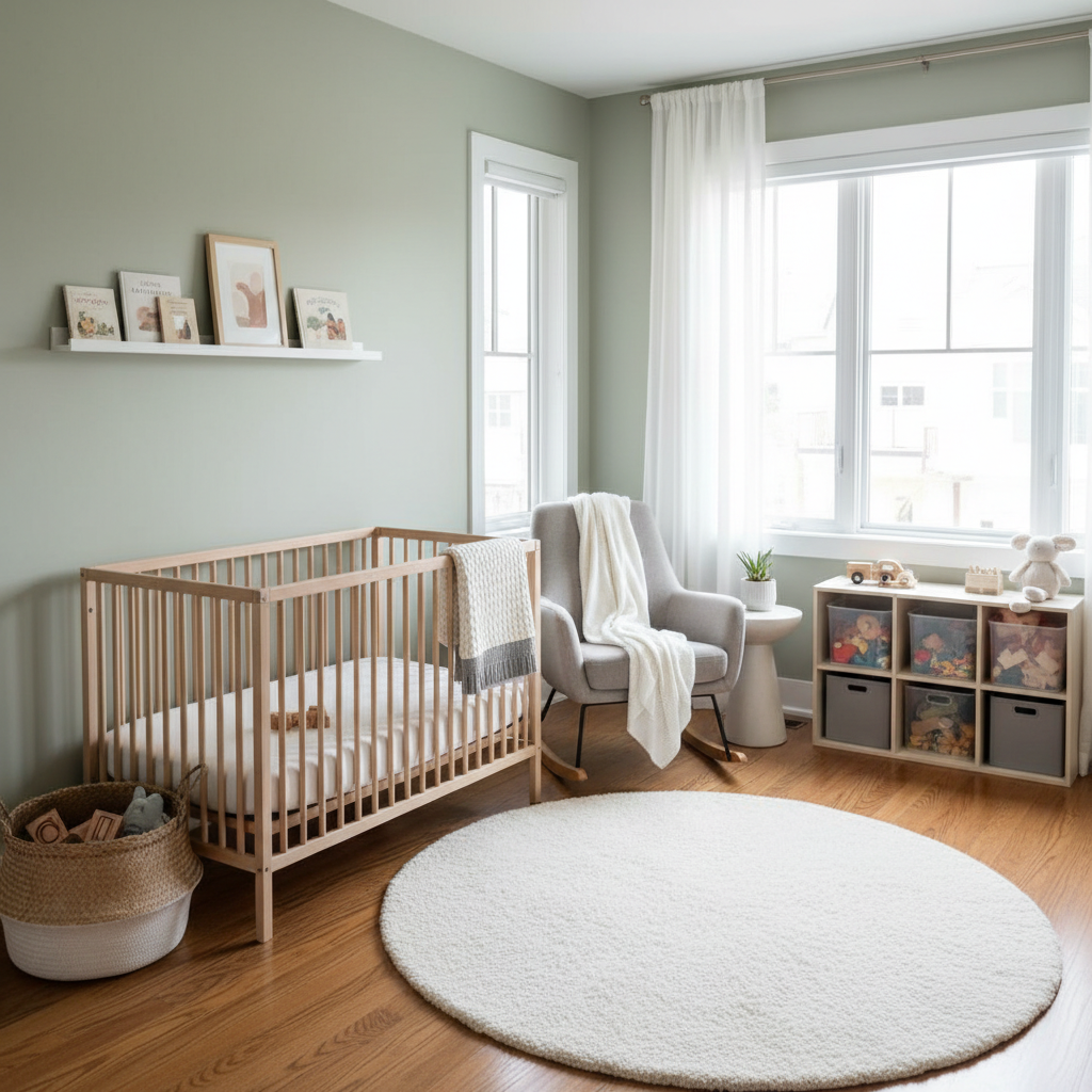 Decluttered nursery with organized toys and minimal decor.