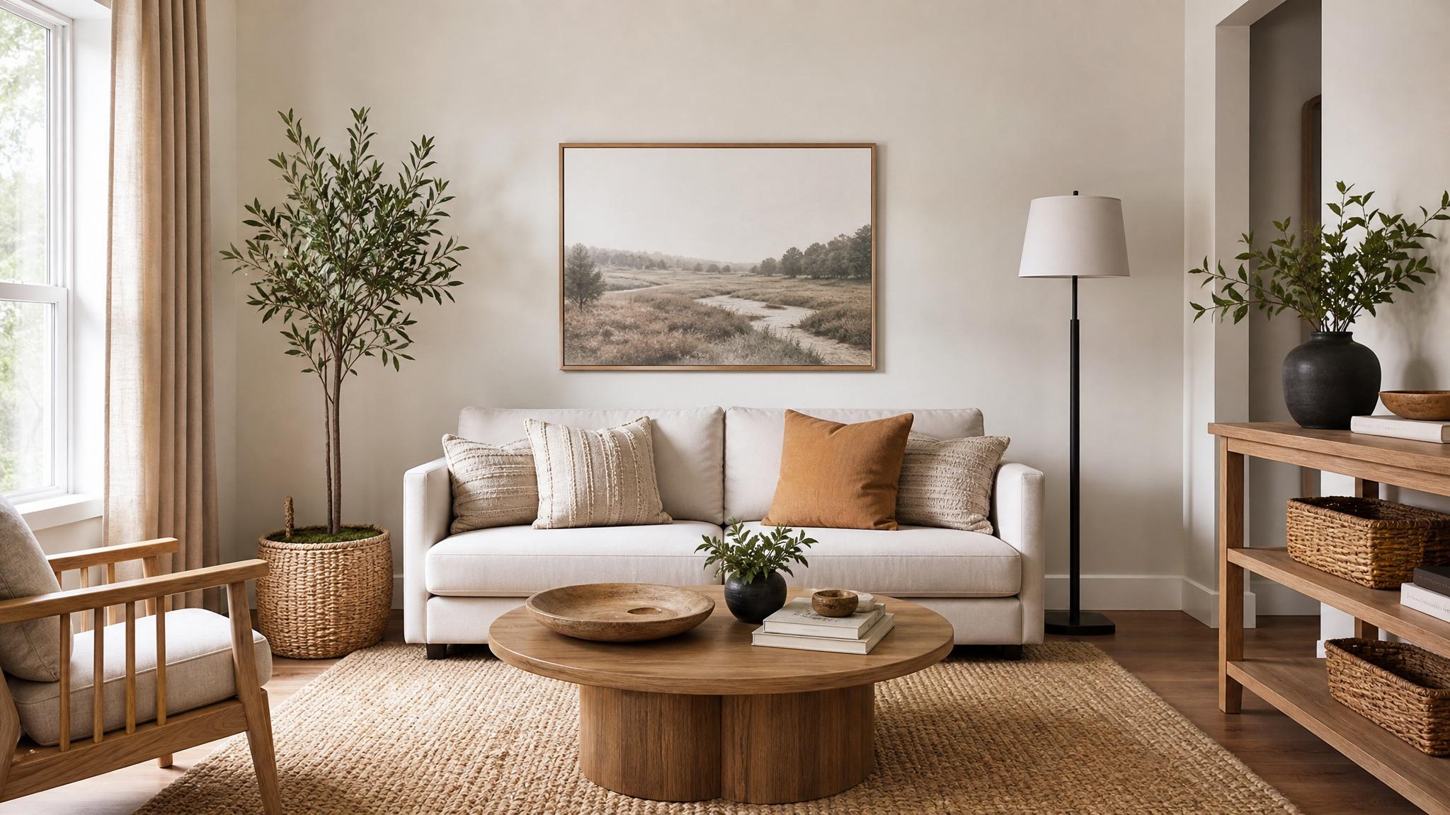 Image of a serene small living room setup with soft colors and natural materials.