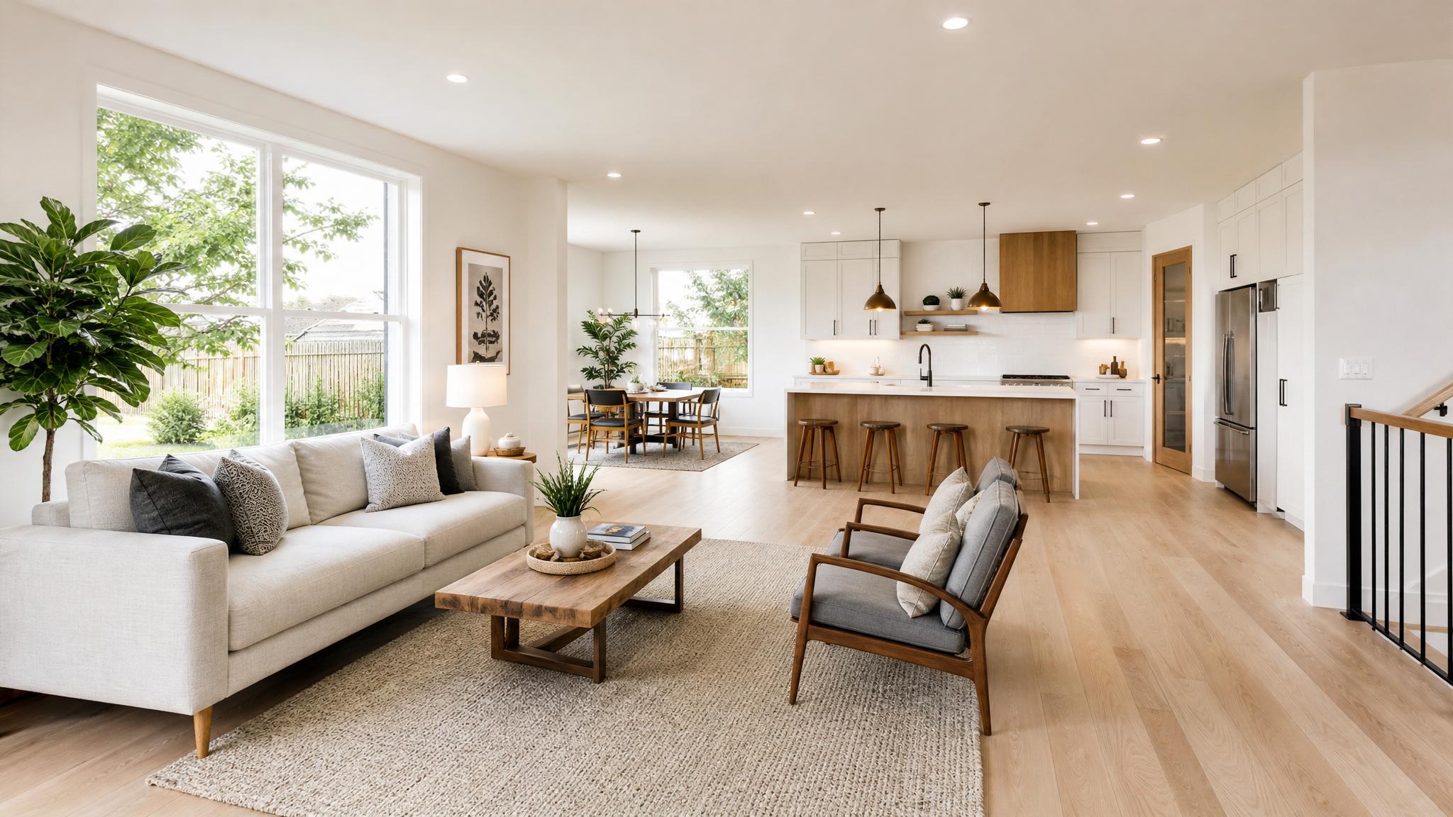 Image of a well-lit open-plan living room with natural light streaming in.