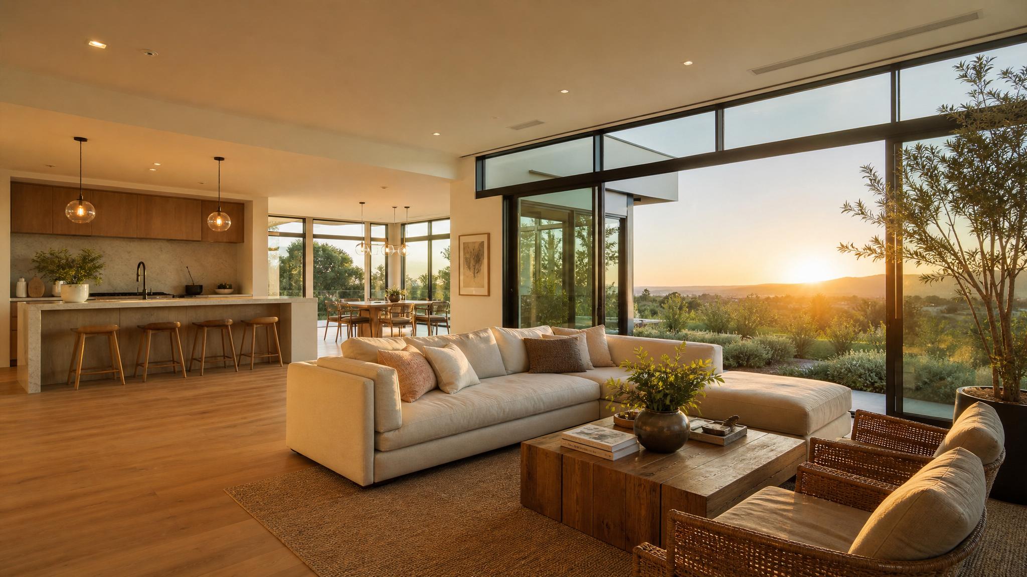 Image of an open-plan living room during the golden hour.
