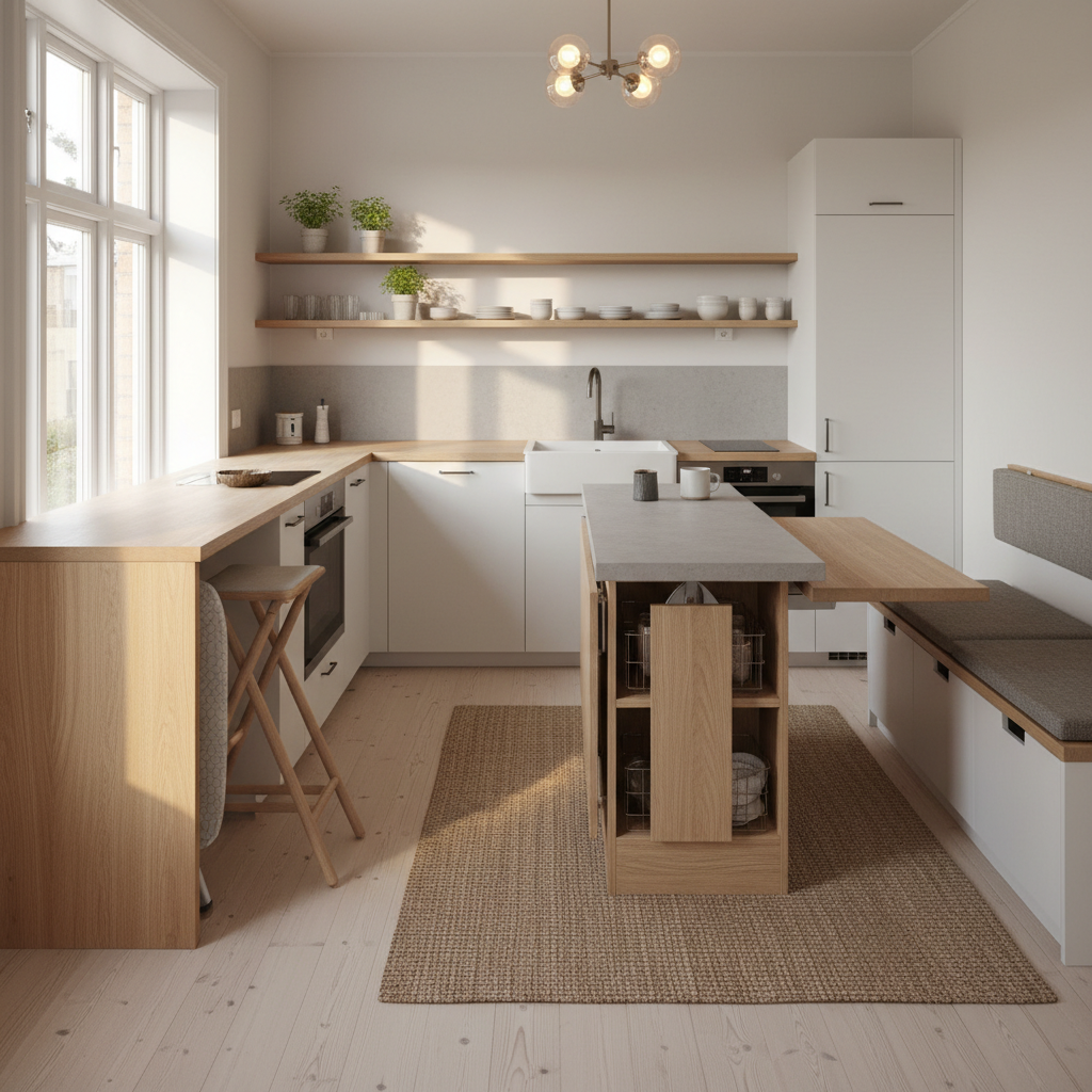 Image showing a compact Scandinavian kitchen with multi-functional furniture.