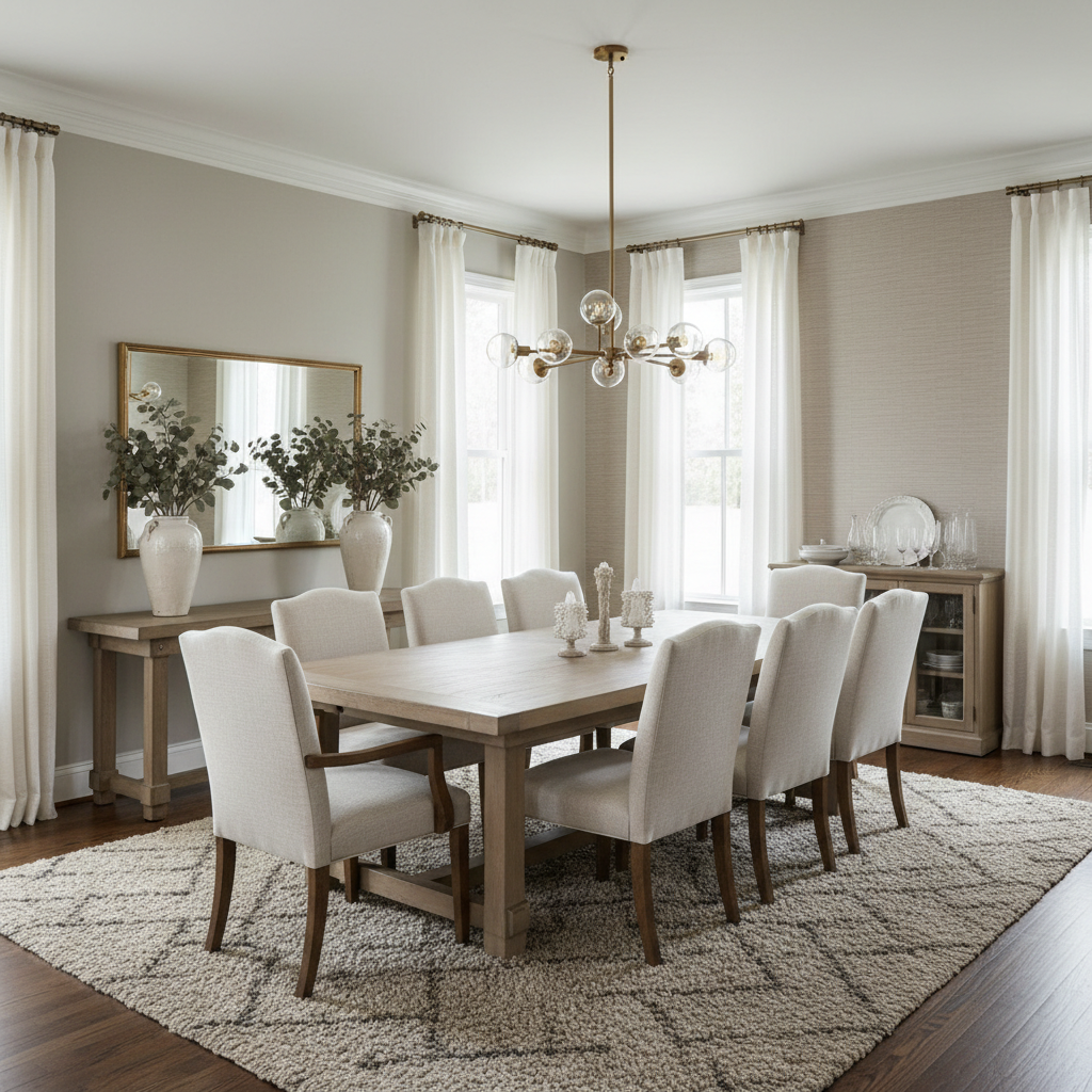 Transitional dining room featuring neutral colors and elegant furniture