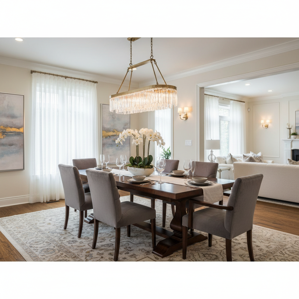 Elegant chandelier above a transitional dining table