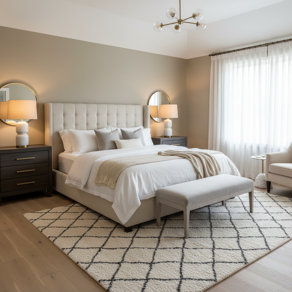 Transitional master bedroom with a neutral color palette.