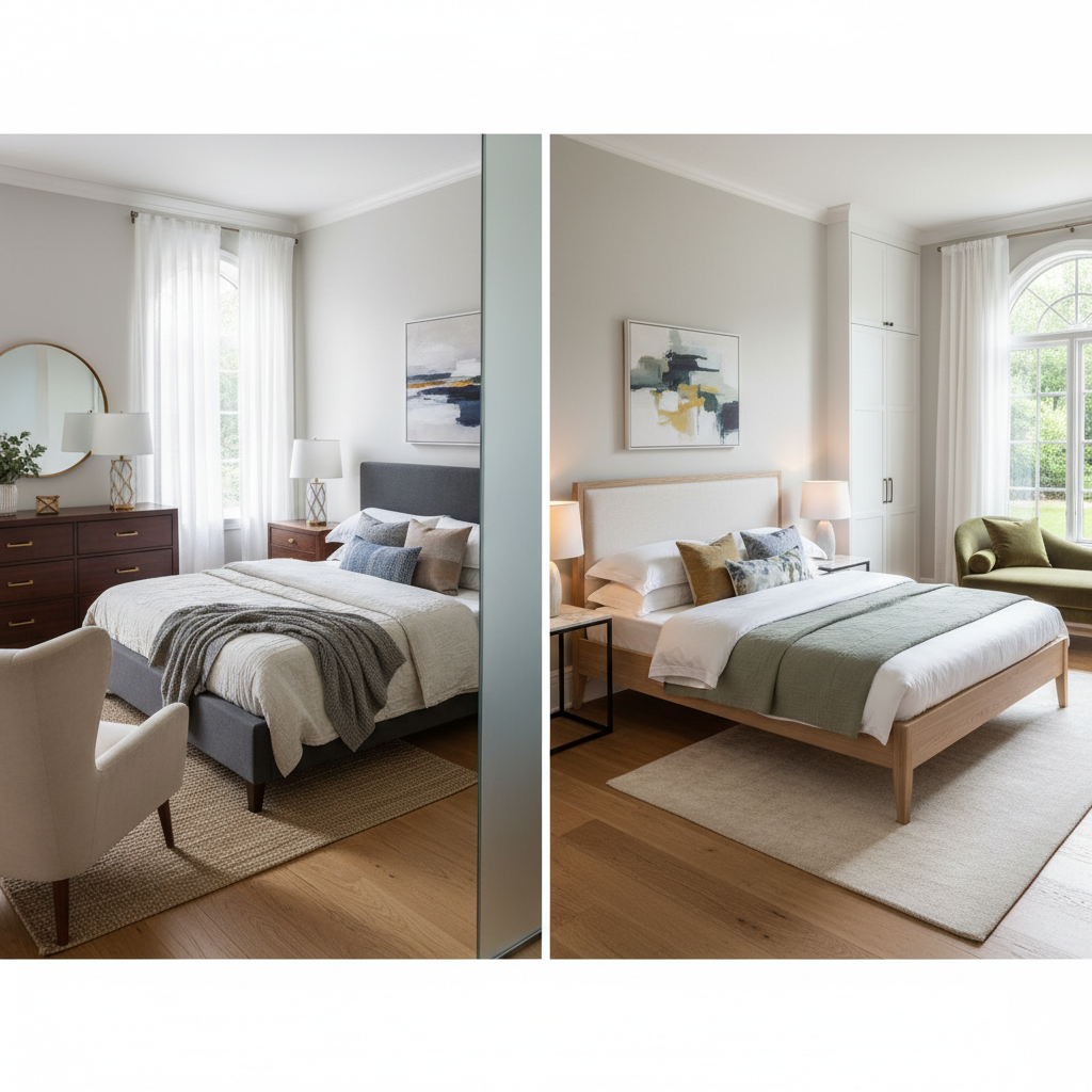 AI-generated transitional bedroom layouts.