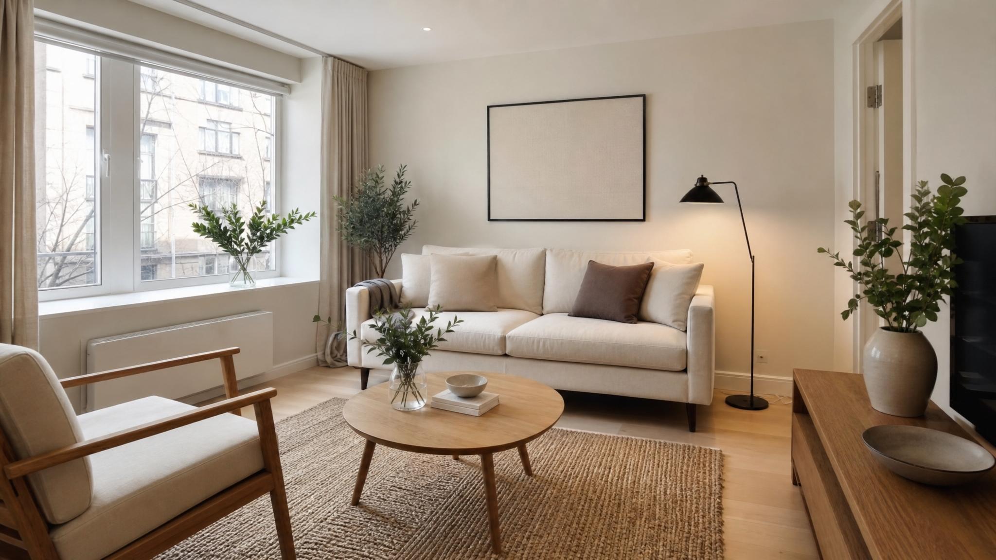 Example of a minimalist small living room with neutral colors.