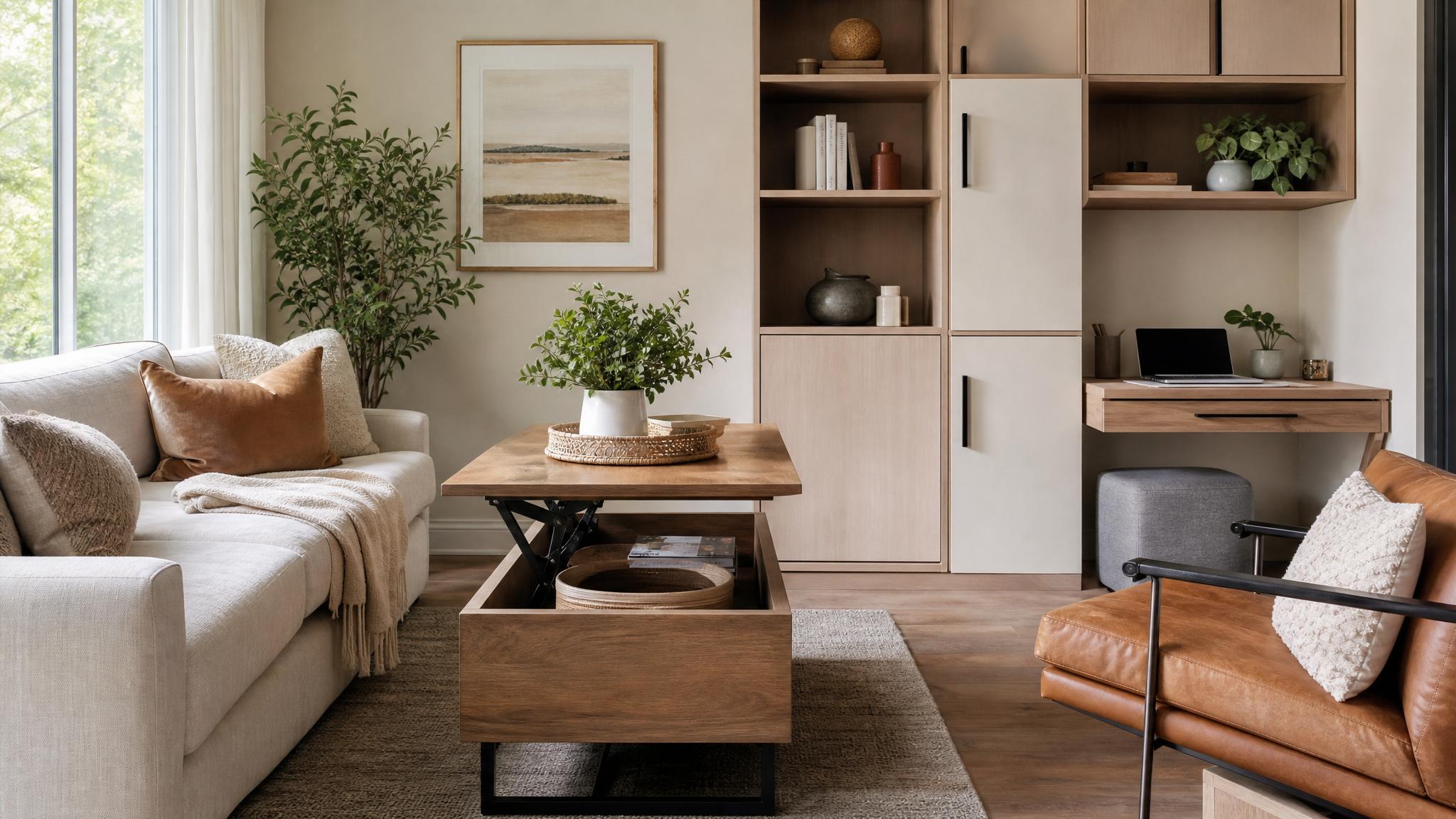 Stylish multi-functional furniture in a small living room.
