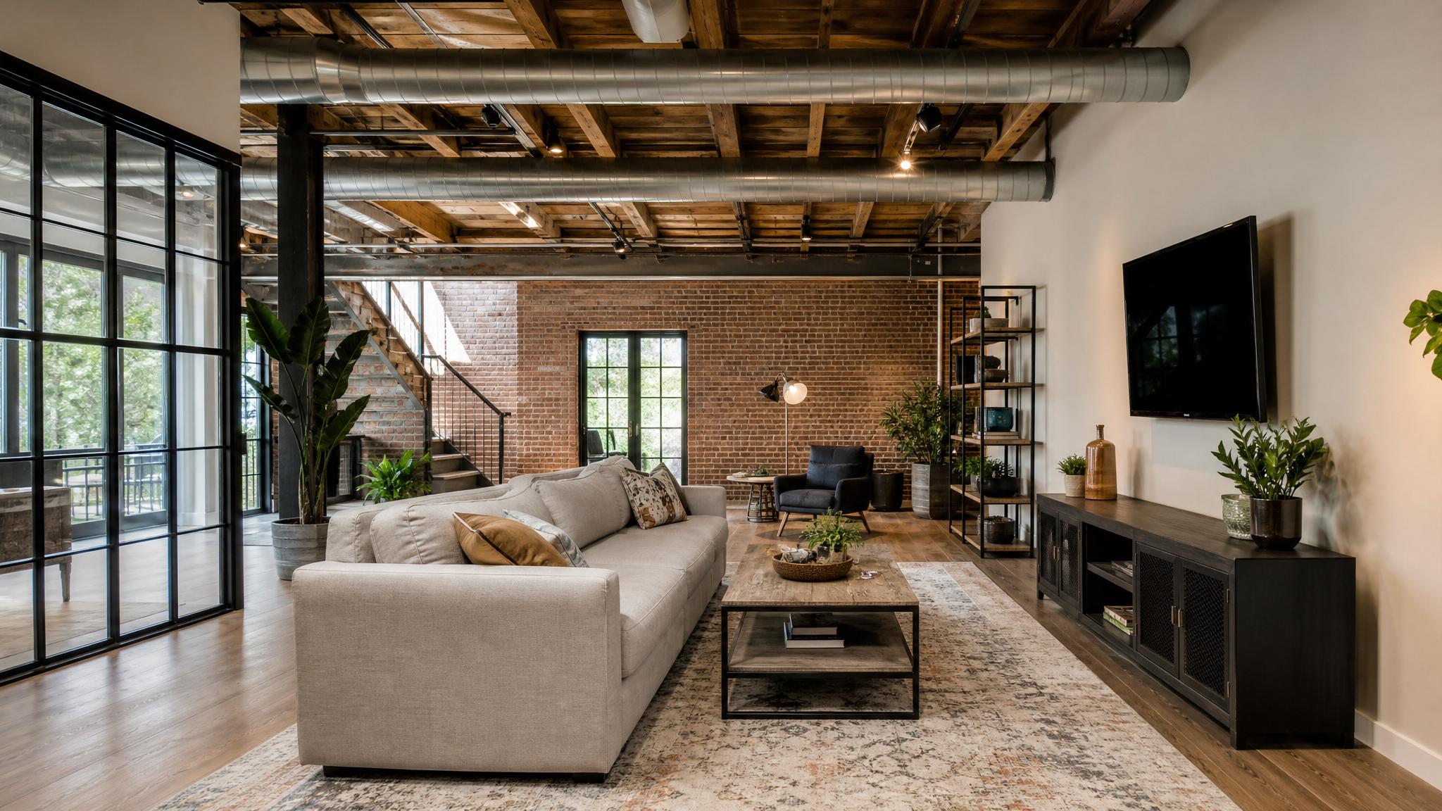 After photo of the redesigned industrial-style living room