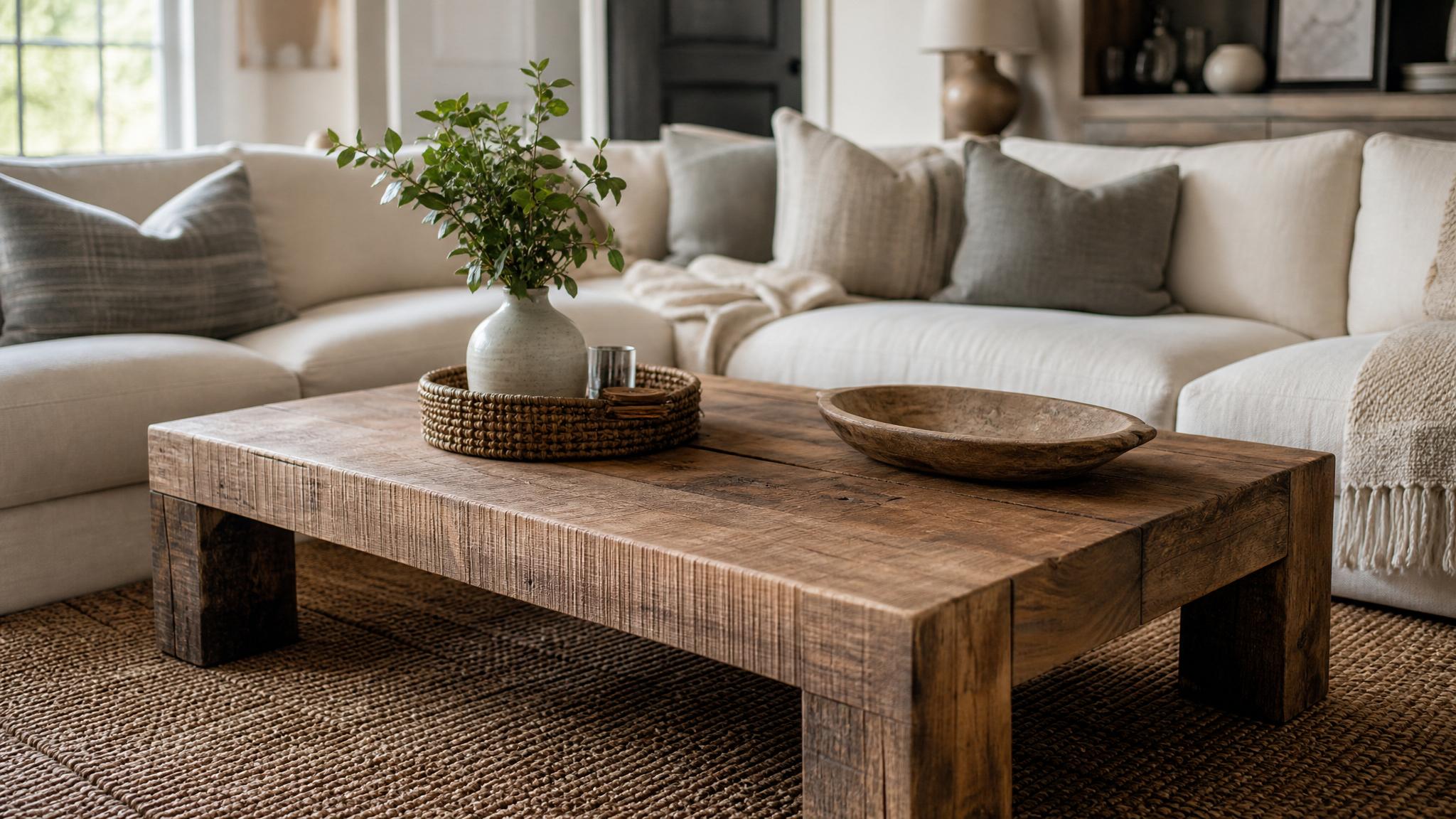 Rustic wooden coffee table in a cozy living room.