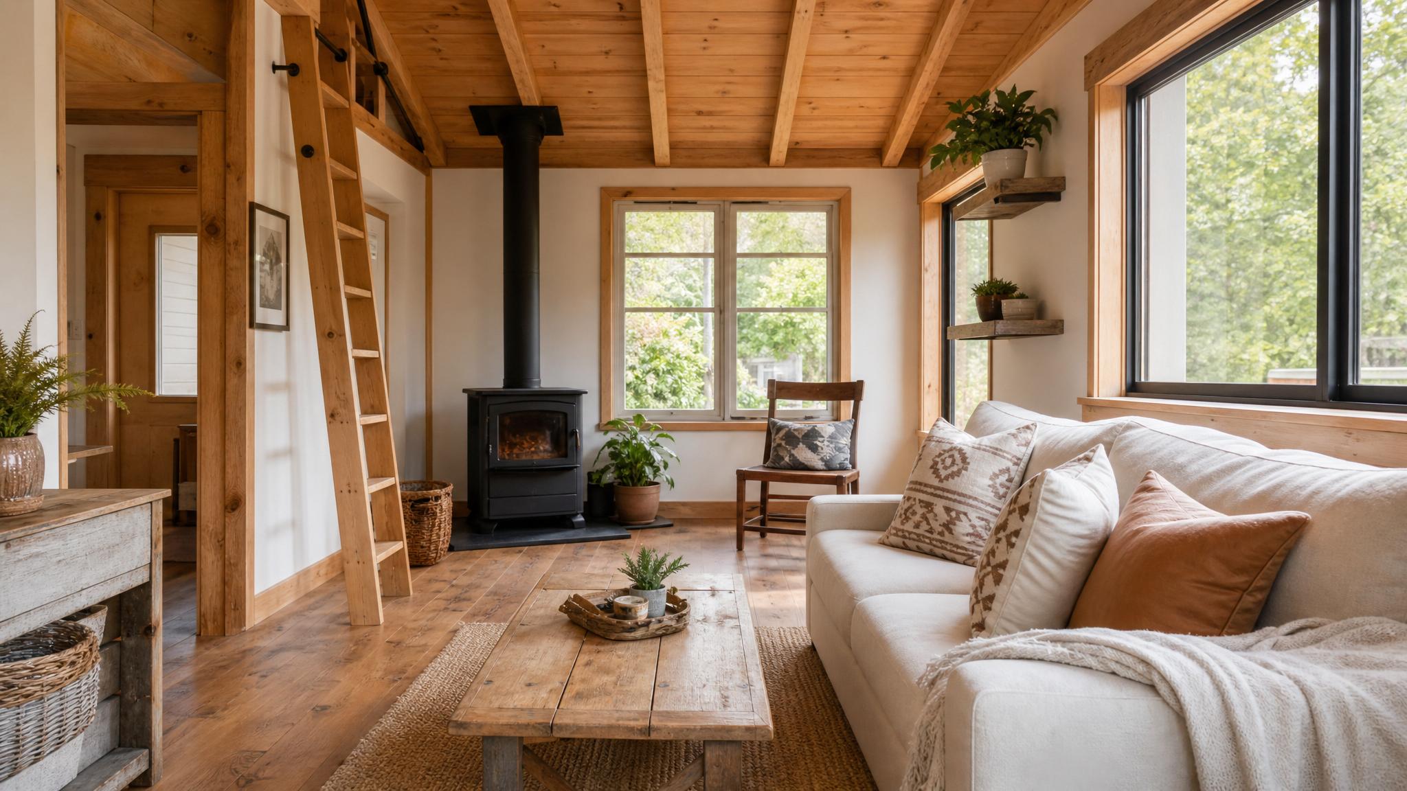 Cozy tiny living room with rustic decor and plenty of natural light.