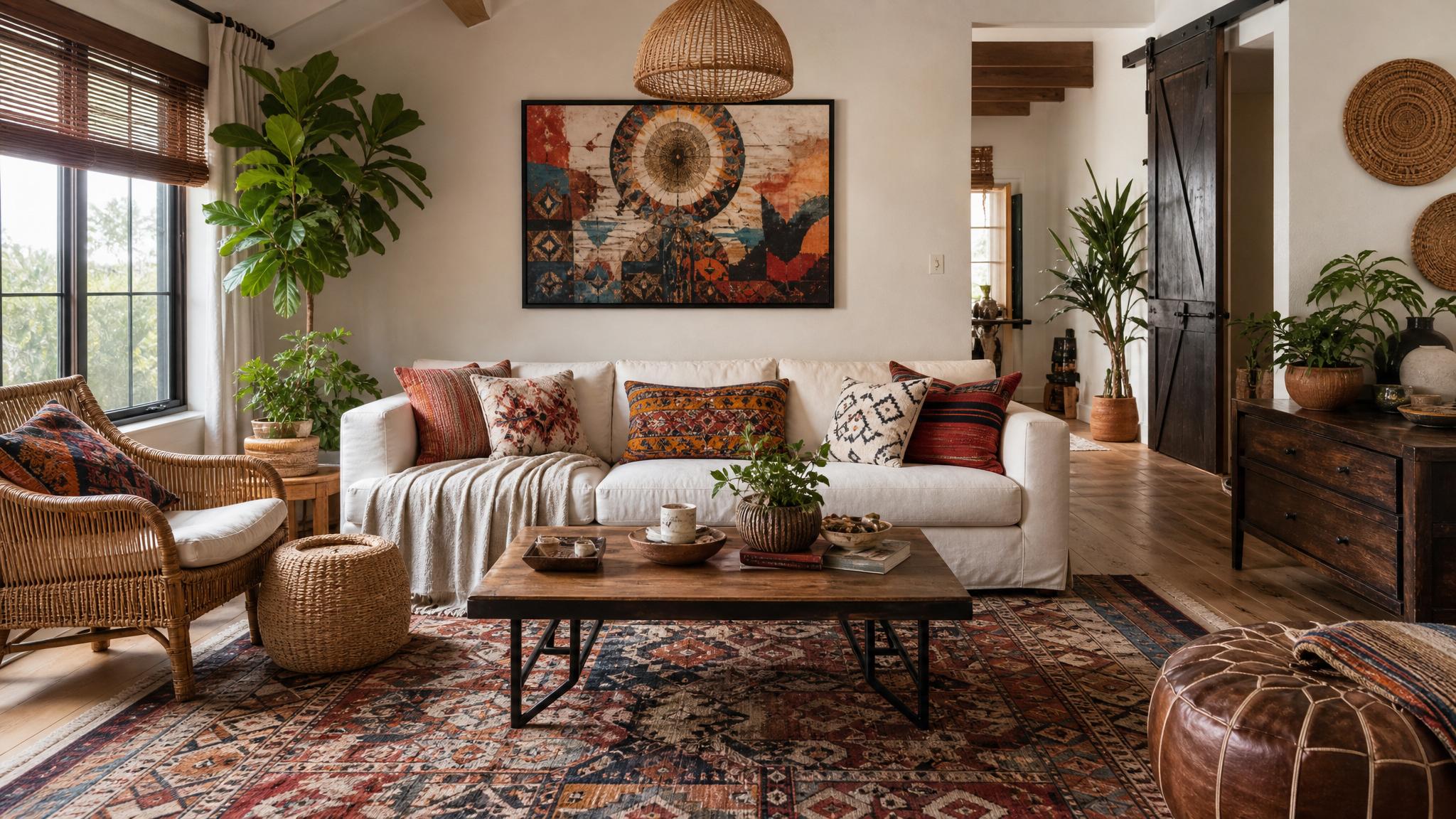 Beautiful bohemian living room with colorful textiles and artwork