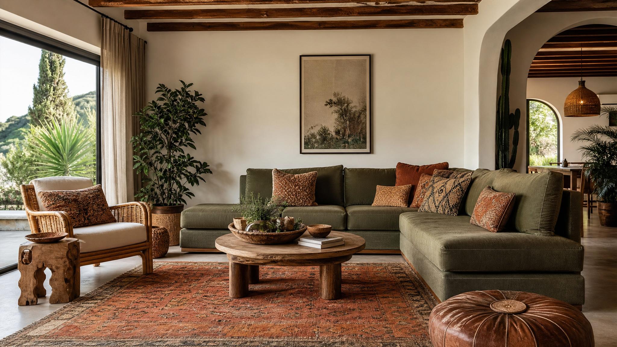 Earthy bohemian living room with terracotta rugs and olive green cushions