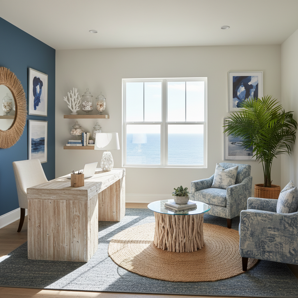Coastal office design with blue accents and natural decor