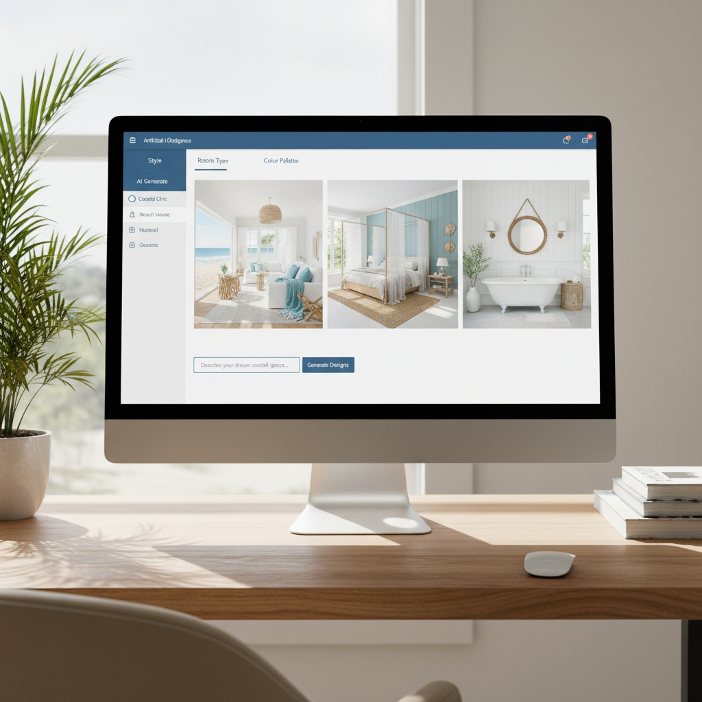 A computer screen displaying AI design tool with coastal themes