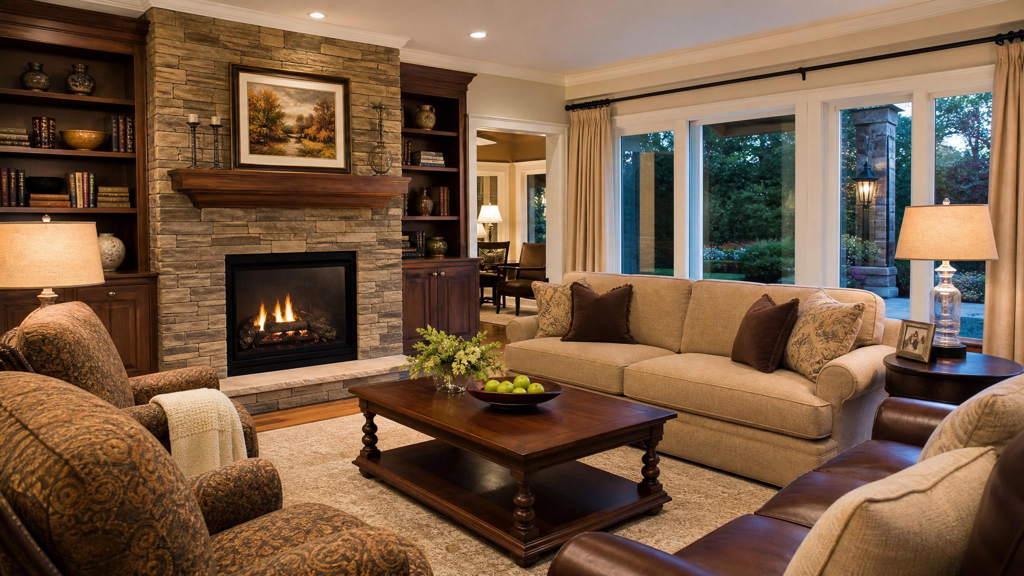 Cozy living room with warm lighting and comfortable seating