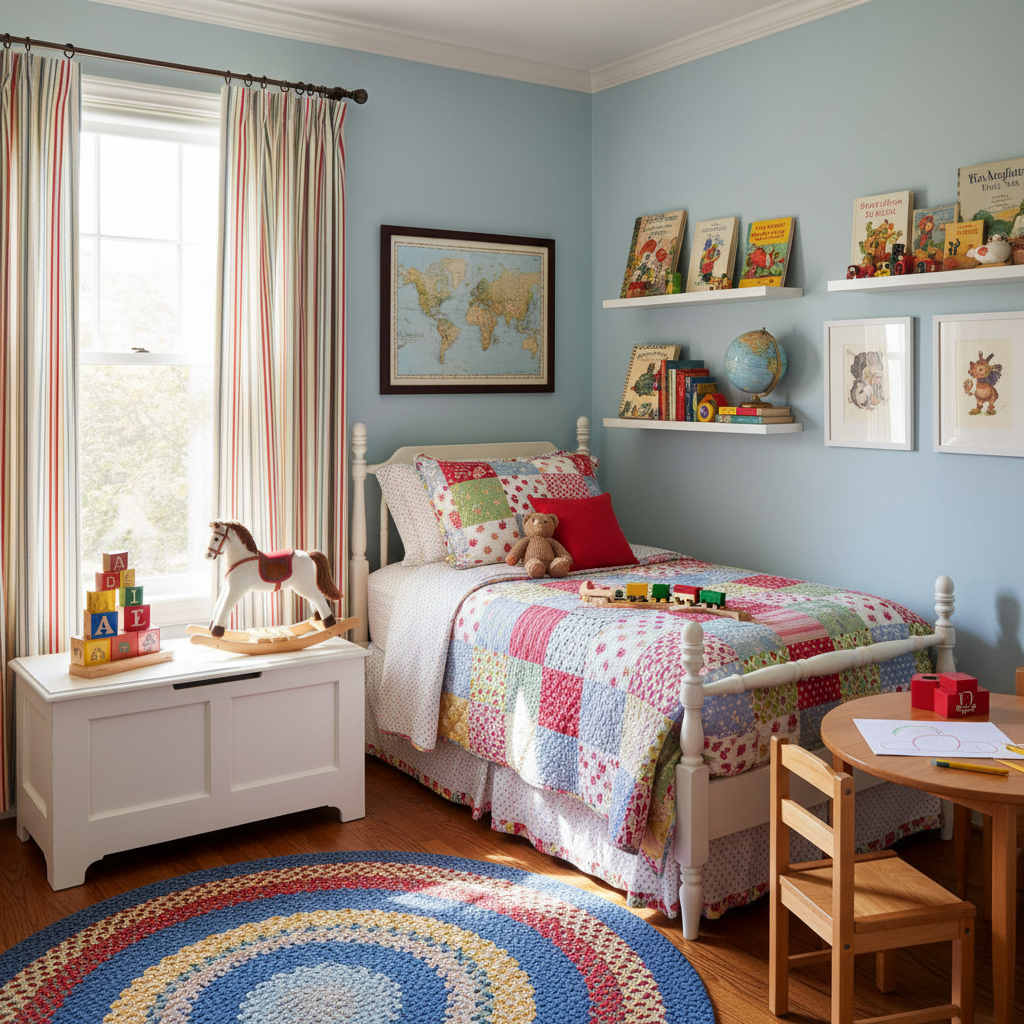 Image of a traditional kids' bedroom with classic toys, bright colors, and a cozy bed.