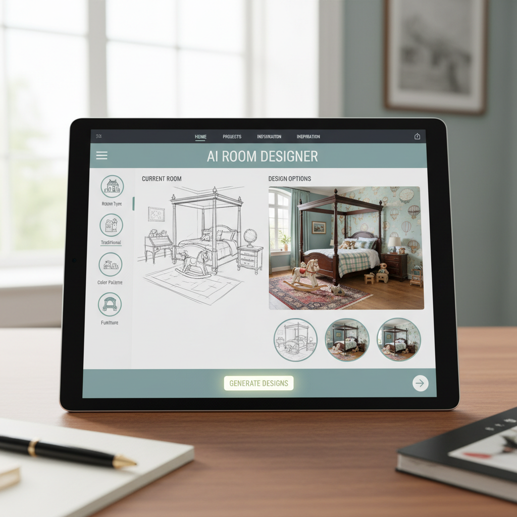 Image of an interface of an AI interior design tool with options for traditional kids' bedroom.
