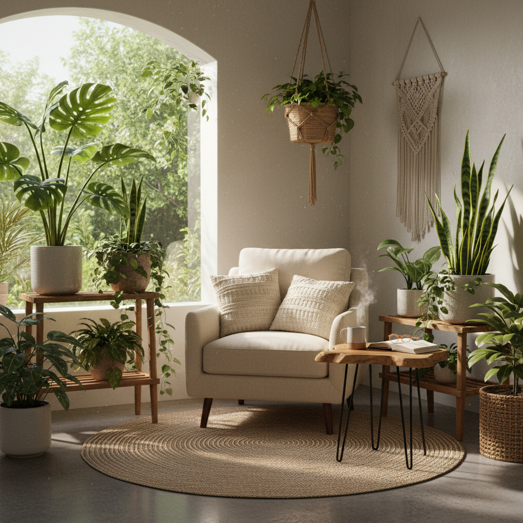 Visual of a cozy biophilic reading nook with natural light and plants.
