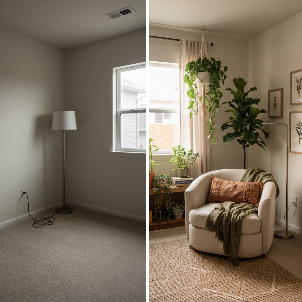 Before and after images of a simple corner transformed into a biophilic reading nook.