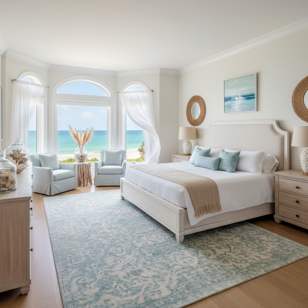 Image of a coastal master bedroom design with light tones and seaside decor