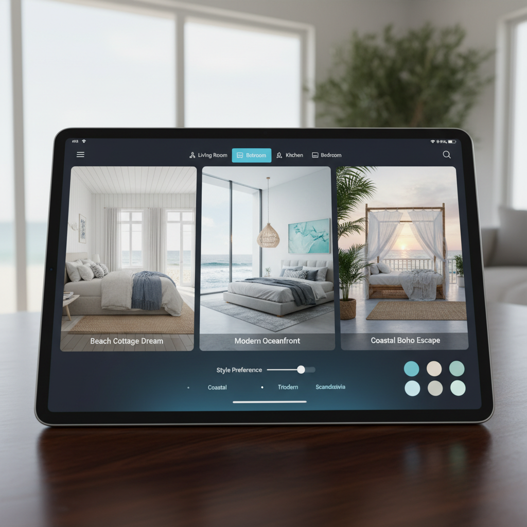 Image of AI design software interface showcasing coastal bedroom options