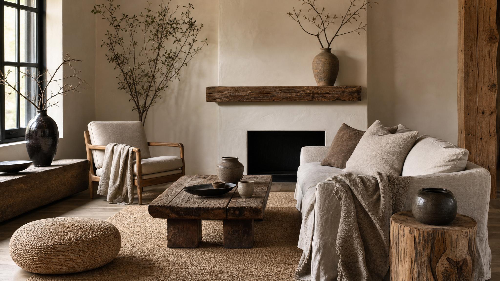 Wabi-sabi small living room showcasing organic materials.