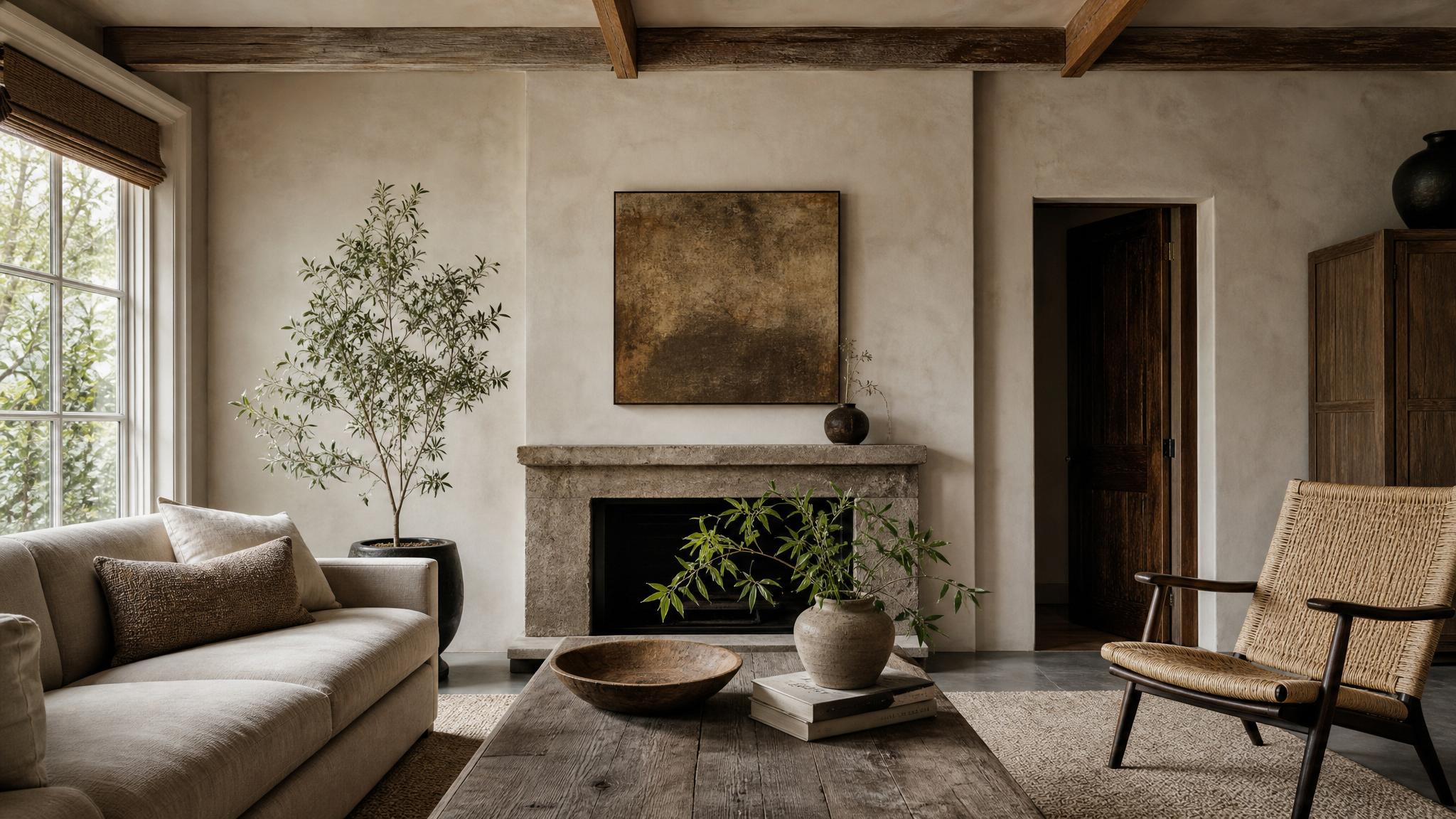 Muted color palette in a small living room with wabi-sabi elements.