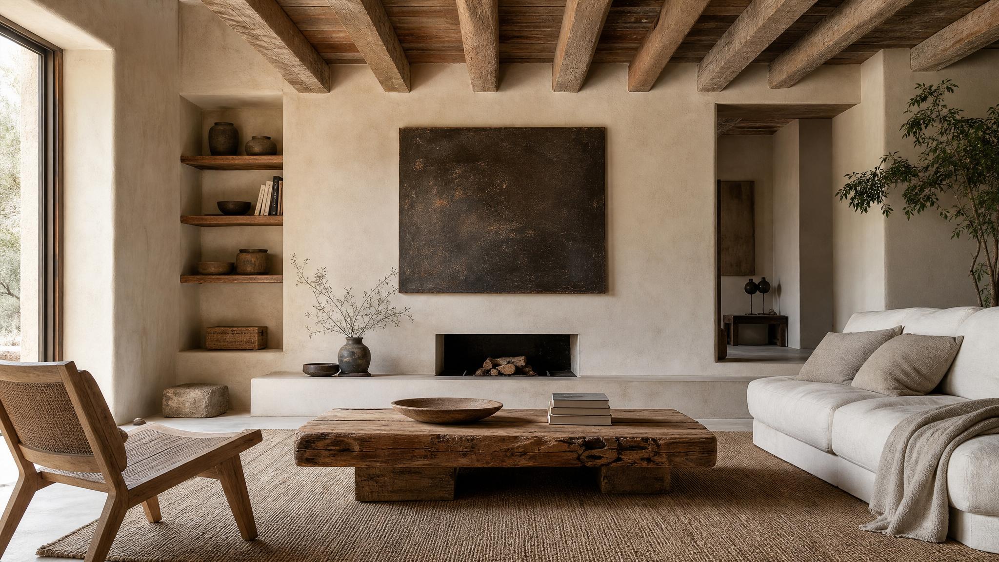Simple, uncluttered wabi-sabi living room design.