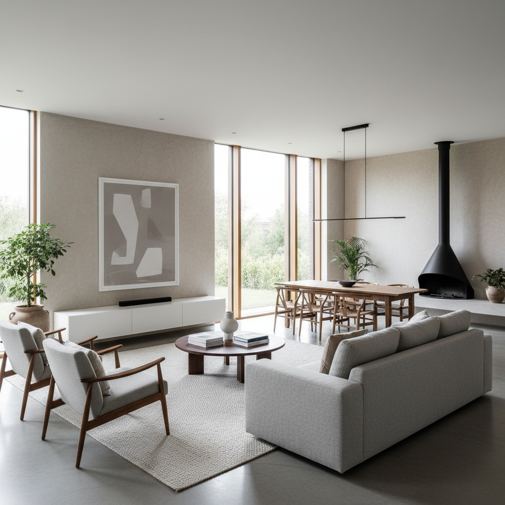 image of a beautifully designed minimalism open-plan living room