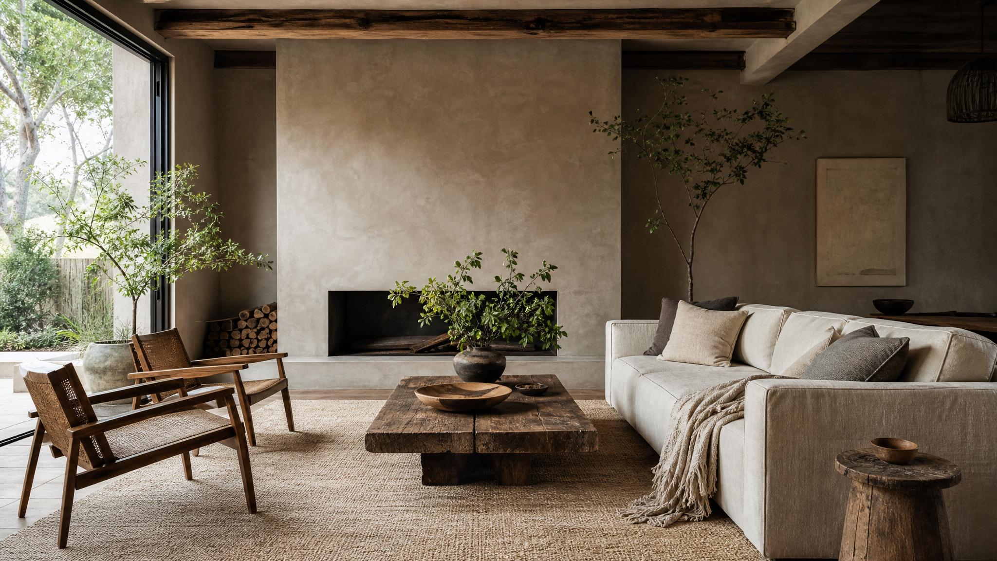 A serene wabi-sabi living room showcasing natural materials and textures.