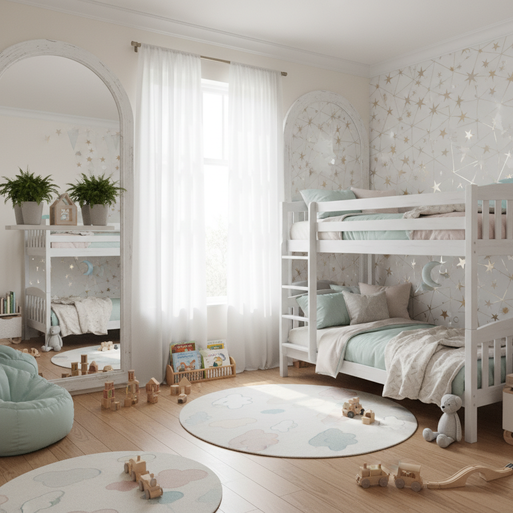 A kids bedroom with mirrors enhancing natural light