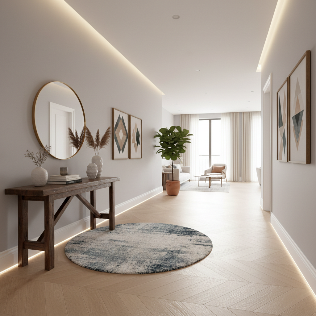 Brightly lit hallway with stylish decor