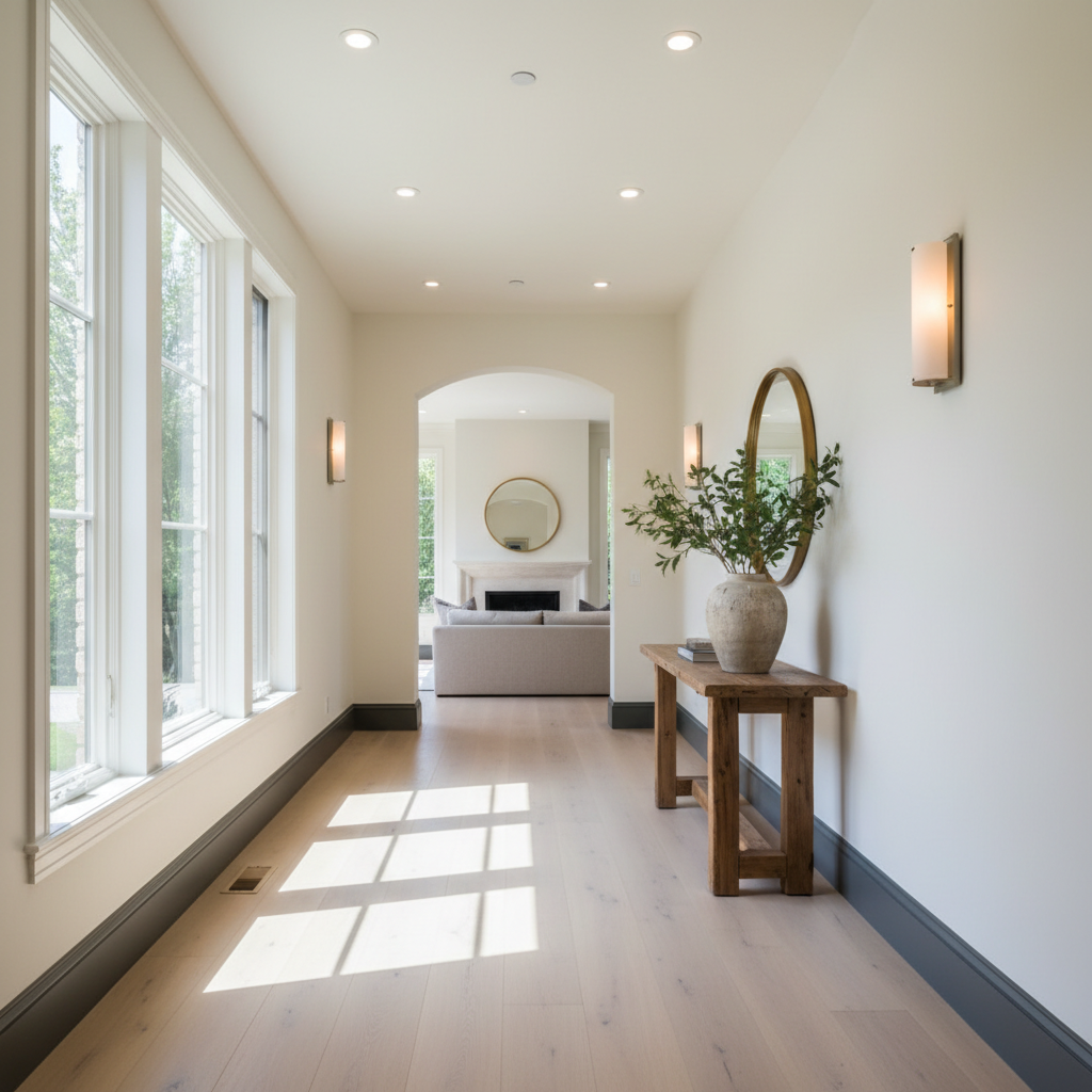 A hallway with natural light and lamps