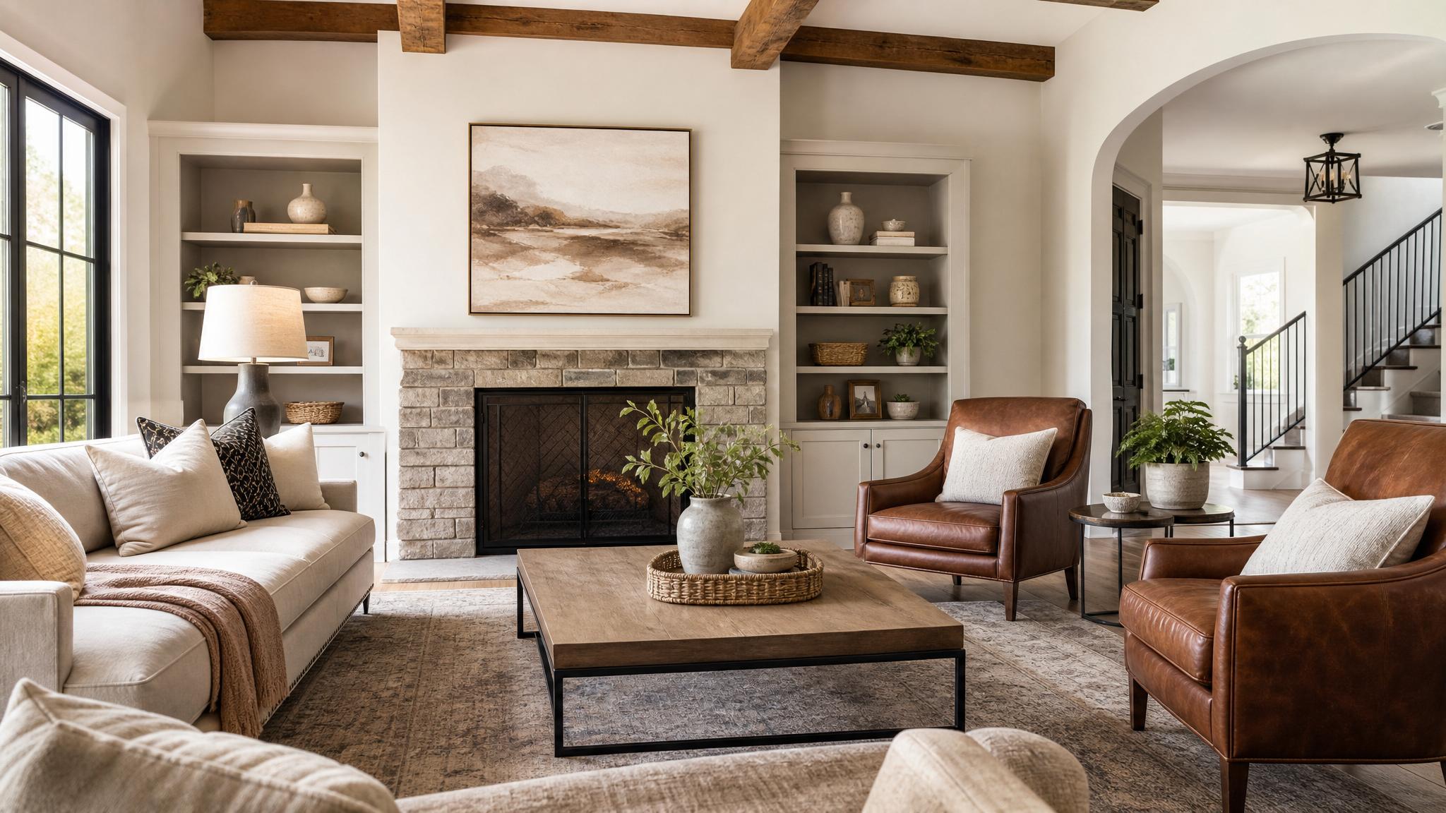 Transitional living room with a blend of modern and traditional furniture.