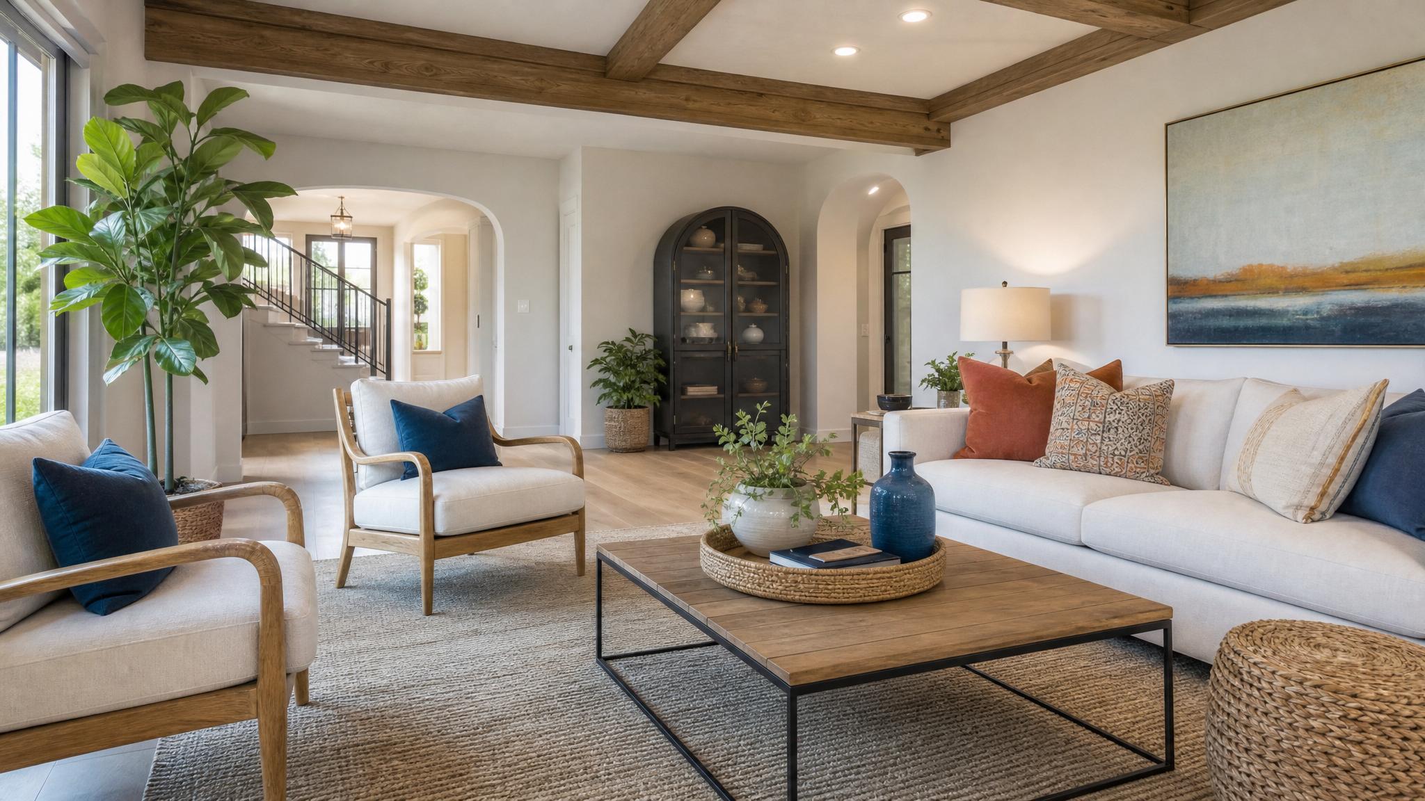 Living room with neutral colors accentuated by colorful accessories.