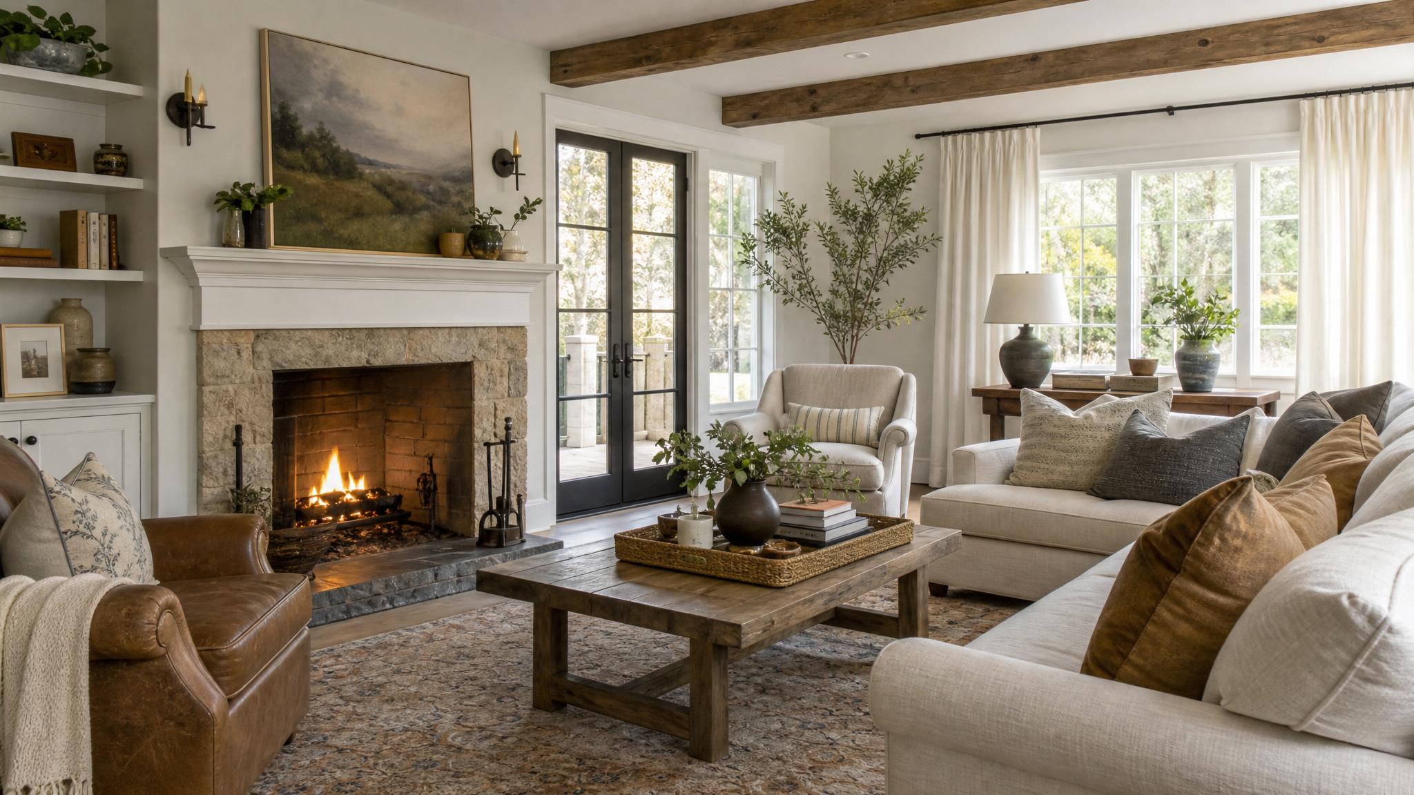 Cozy transitional living room with layered textiles and accessories.