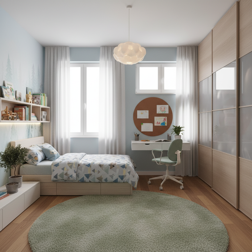 Image of a contemporary kids bedroom that illustrates optimal design elements.