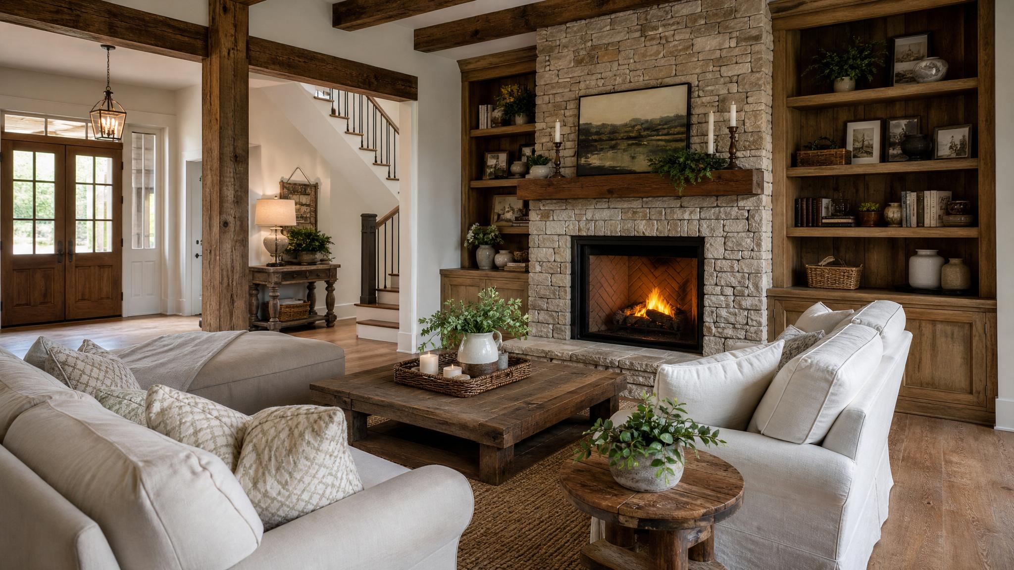 Cozy farmhouse living room layout